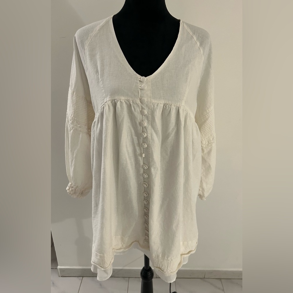 Mable White Button-Front Boho Dress Size M Cottagecore Romantic Linen Blend